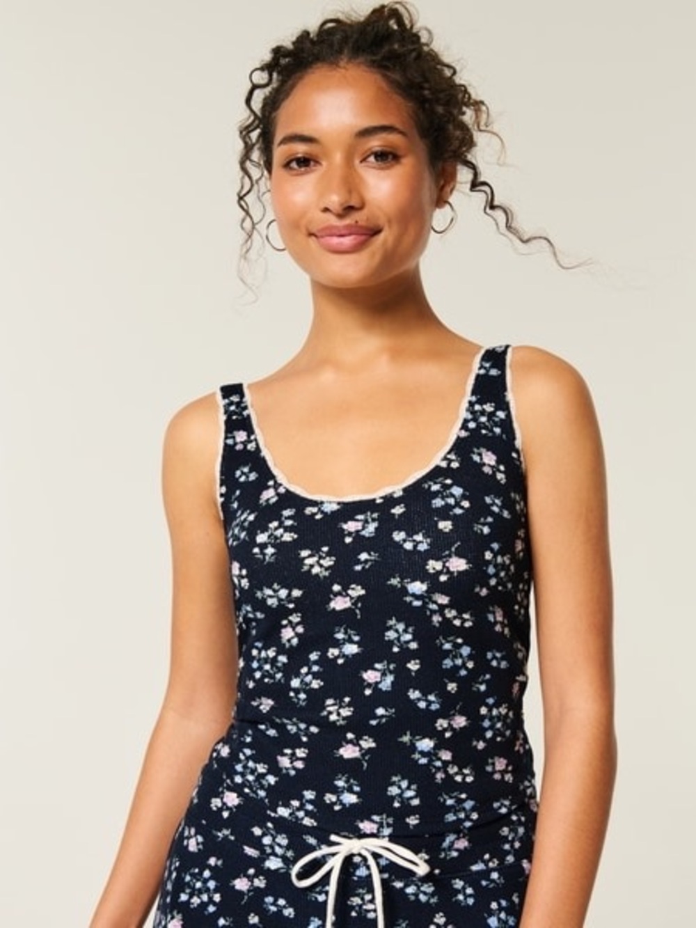 Gilly Hicks Navy Floral Waffle Knit Scoop Tank with Lace Trim